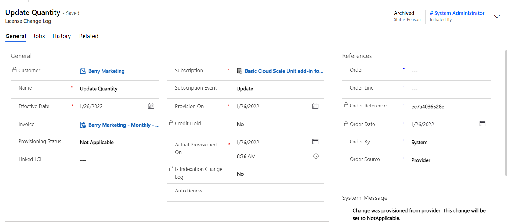 actual provisioned on